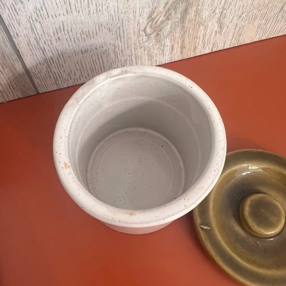 Vintage Ceramic Stoneware Crock with Lid Speckled Cream and Olive Green 4 Inch